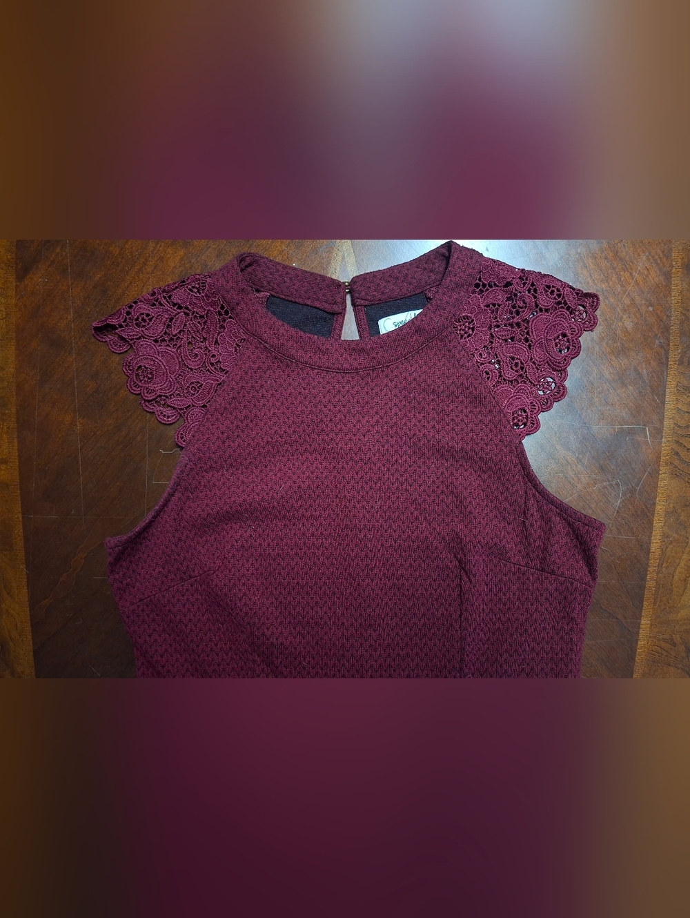 Speechless Wine Red Knit Dress with Lace Accents